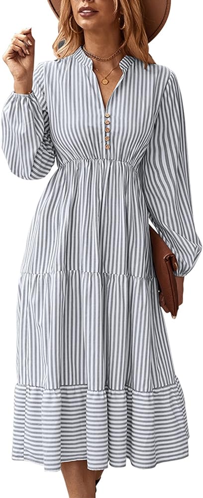 LYANER Women's V Neck Stripe High Waist Puff Long Sleeve Tiered Ruffle Hem Swing Midi Dress