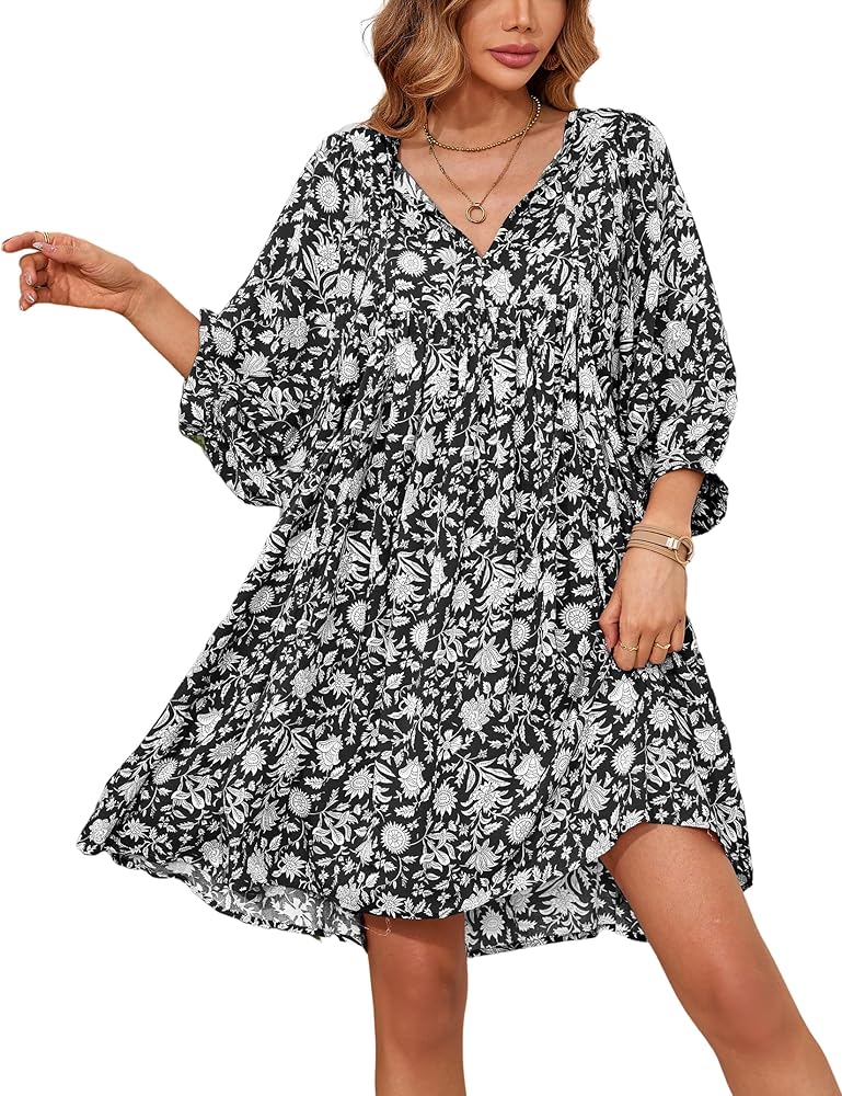 R.Vivimos Women's Summer V Neck Casual Dresses Lantern Sleeve Boho Floral Print Loose Flowy Mini Dress