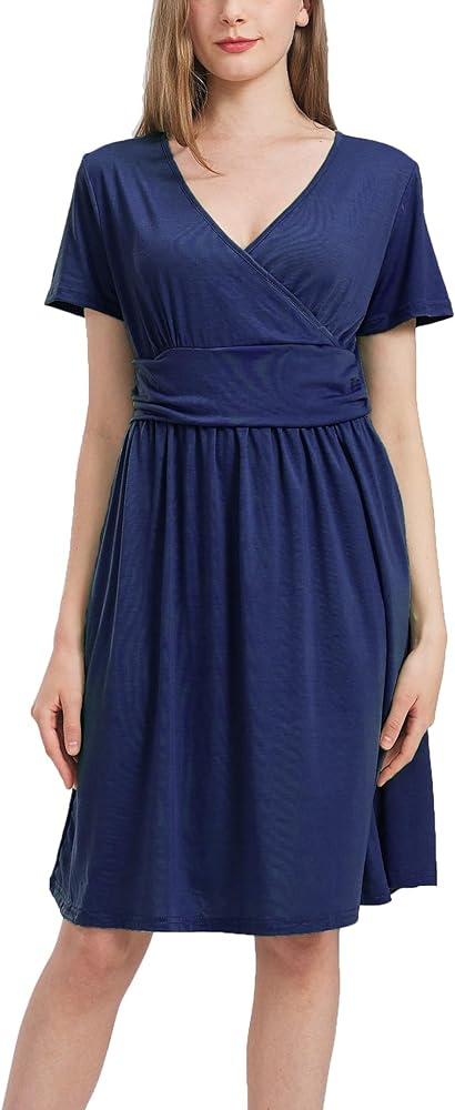 DaniChins Women's High Waist Short Sleeve Casual A-Line Swing Midi Dress with Pockets