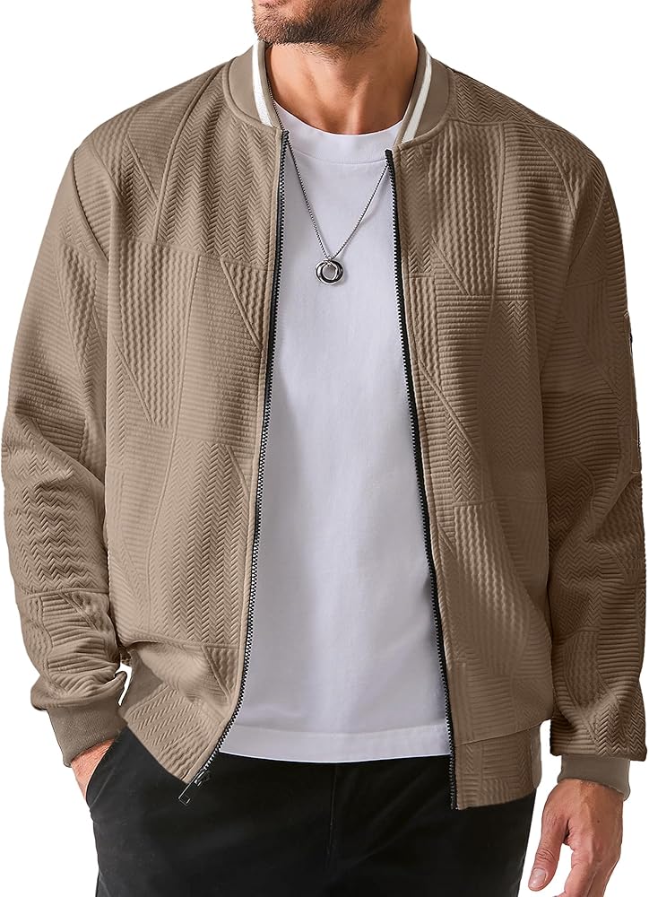 JMIERR Mens Casual Jacquard Bomber Jackets Color-Block Lightweight Varsity Jacket Fashion Zipper Coat with Pockets