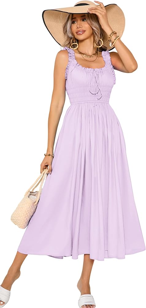 R.Vivimos Women's Summer Cotton Linen Casual Midi Dresses Elastic Straps Empire Waist A-Line Flowy Long Dresses with Pockets