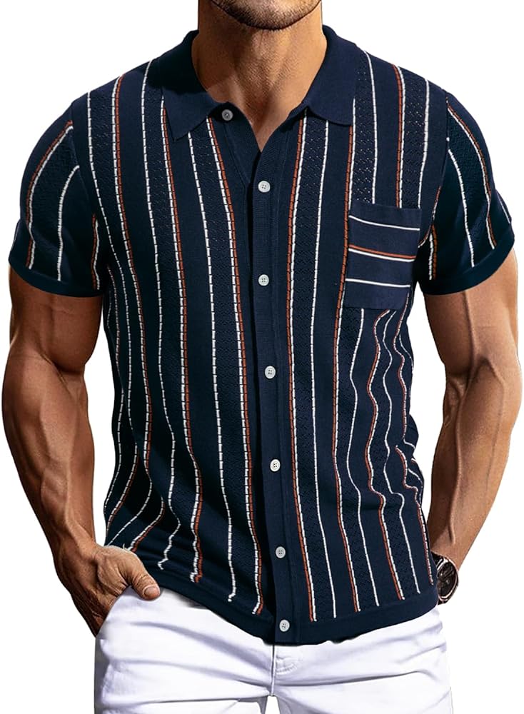 PJ PAUL JONES Mens Stripe Polo Shirt Vintage Lapel Collar Knit Shirt Casual Short Sleeve Button Down Shirt