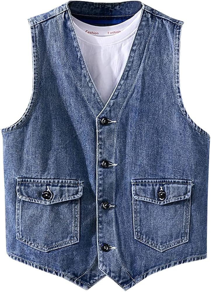 LONGBIDA Men's Denim Vest Casual Slim Fit Sleeveless Jacket Outdoor Jean Vests