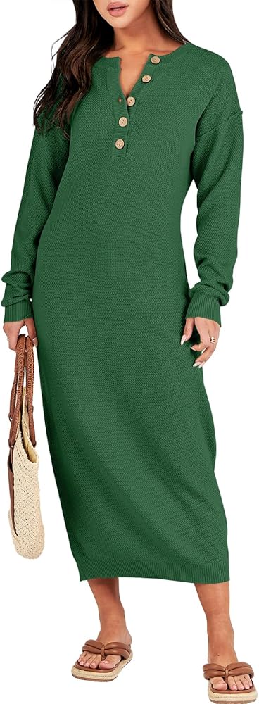 ANRABESS Women Long Sleeve Button V Neck Oversized Casual Loose Fit Waffle Knit Fall Midi Sweater Dress 2024 Trendy Outfits