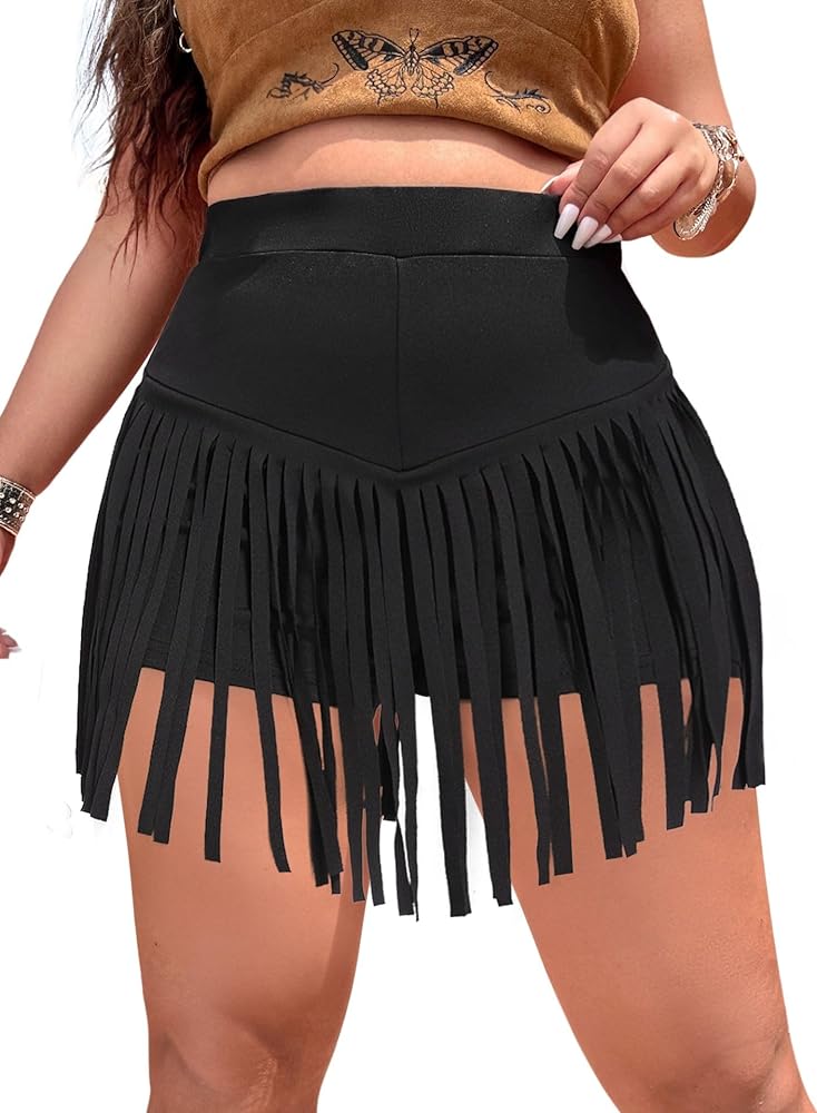 Ella Lust Womens Plus Size Cowgirl Fringe Shorts - Western Country Concert Outfits Tassel Skirt High Waisted Booty Bottoms