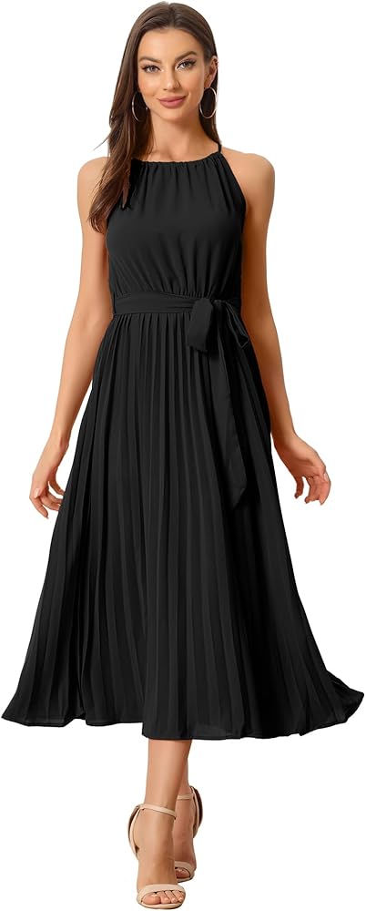 Allegra K Women's Sleeveless Halter Neck Belted A-Line Cocktail Pleated Dress