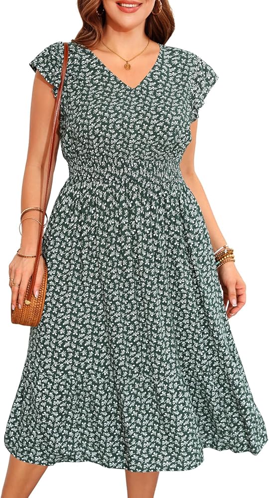 Women's Plus Size Summer Midi Dress Casual Floral V Neck Ruffle Sleeves Boho Sundress with Pockets