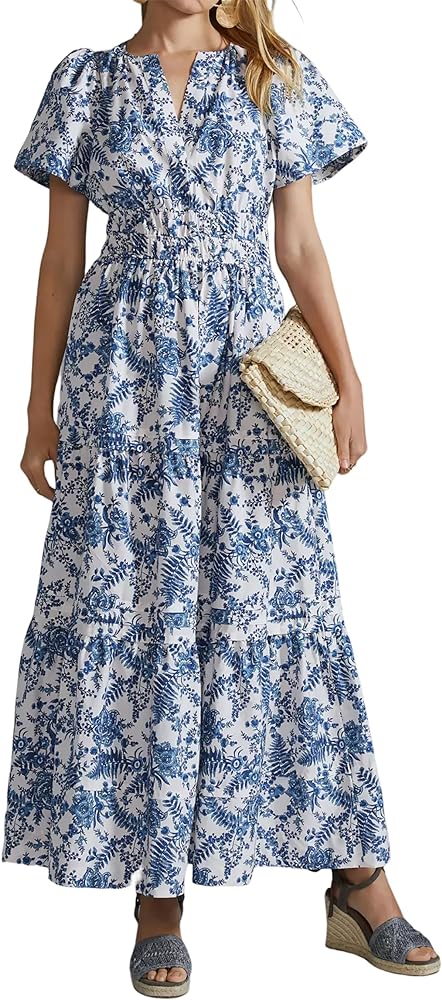 R.Vivimos Women's Summer Cotton V Neck Short Sleeve Boho Floral Print Elastic Smocked Waist A-Line Midi Dress with Pockets