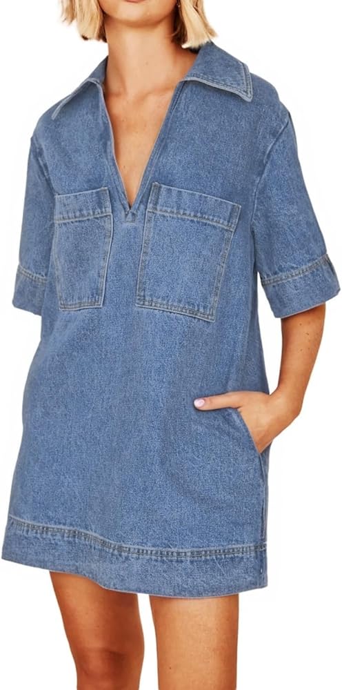 Women Denim Dress Summer Deep V Neck Half Sleeve Casual Loose Collared Shift Mini Jean Dress with Pockets