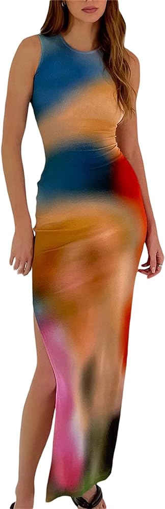 Women's Casual Tie-Dye Bodycon Maxi Dress Sleeveless Tank Wrap Split Beach Party Long Dresses