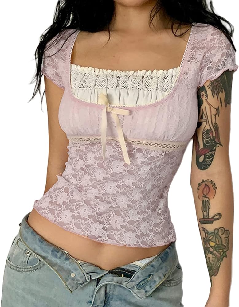 Mxiqqpltky Y2K Fairy Grunge Crop Top for Women Short Sleeve Lace Patchwork T-Shirt Aesthetic Slim Fit Cute Babydoll Top Tees