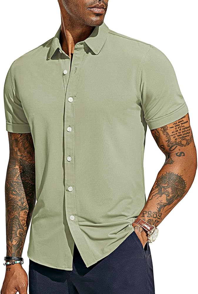 PJ PAUL JONES Mens Stretch Slim Fit Dress Shirts Short Sleeve Casual Button Down Shirt for Travel Work Light Green L