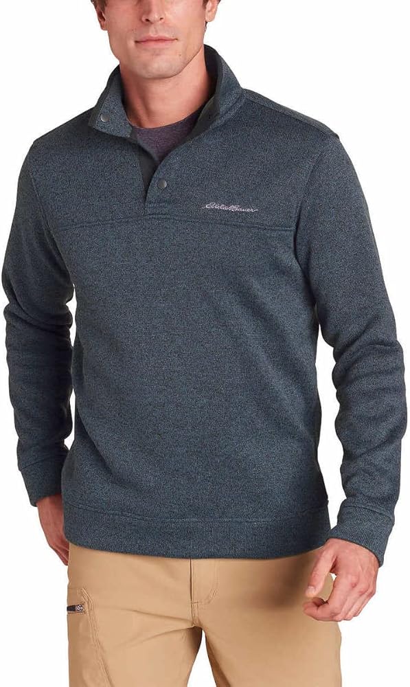 Eddie Bauer Mens Heavyweight Radiator Fleece Quarter Snap Pullover (Navy Heather, Large)