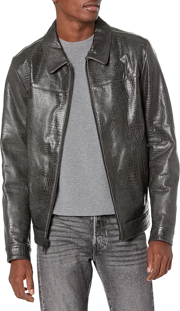 DKNY Men's Real Leather Croc Embossed Jacket