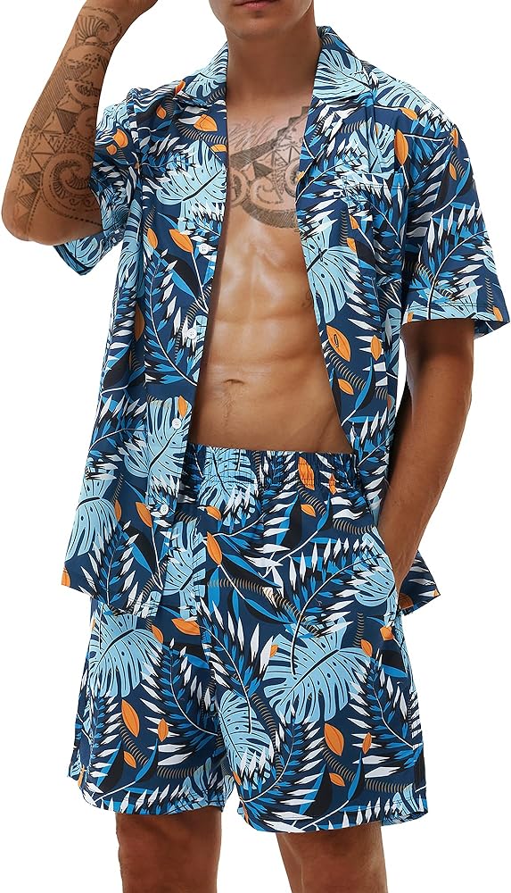 Men's Hawaiian Matching Set Summer Beach Outfits 2 Piece Flower Tropical Short Sleeve Cuban Shirts and Shorts Suits