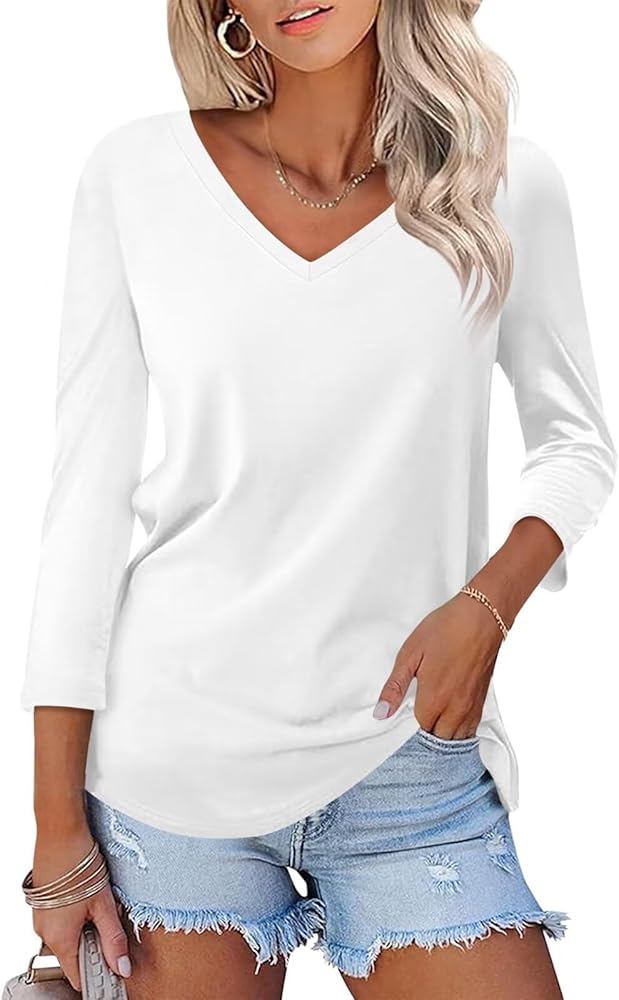 Minetom Women's V Neck 3/4 Sleeve T Shirt Solid/Color Block Casual Basic Tops Summer Tees