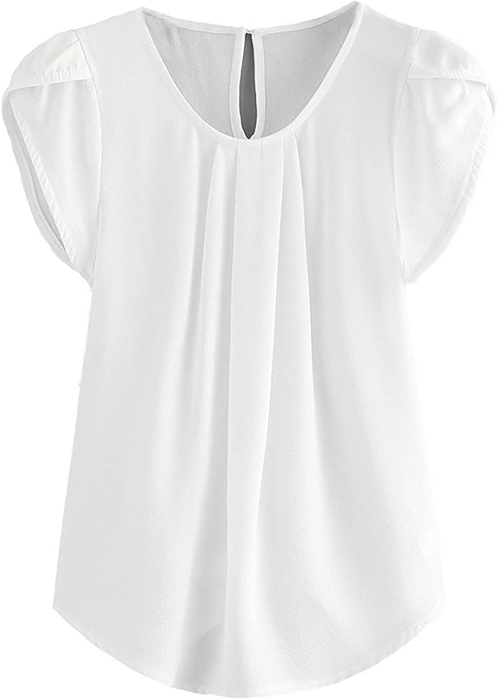 Milumia Women's Casual Round Neck Basic Pleated Top Cap Sleeve Curved Keyhole Back Blouse