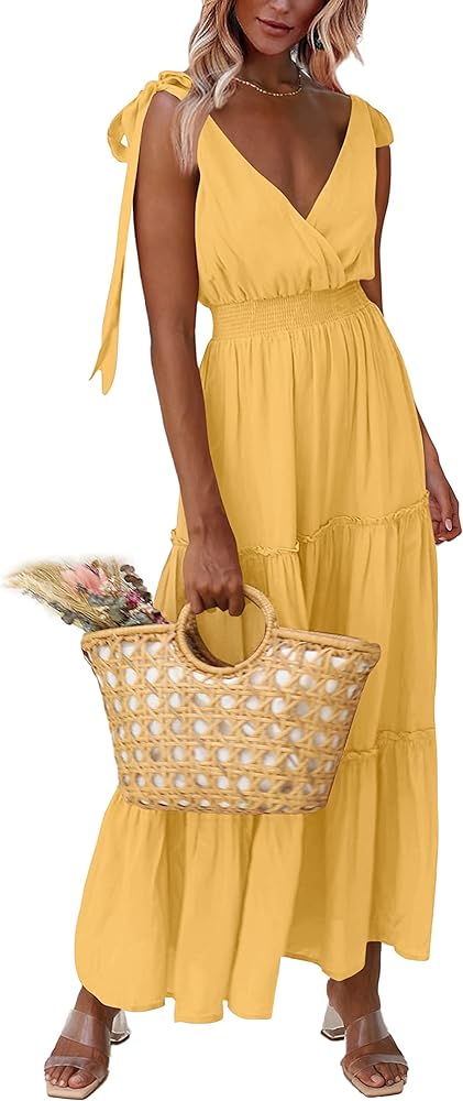 PRETTYGARDEN Women's Cross Neck Summer Sleeveless Tiered Maxi Dress Beach Tie Strap Smocked Long Dresses Pleated Sundress