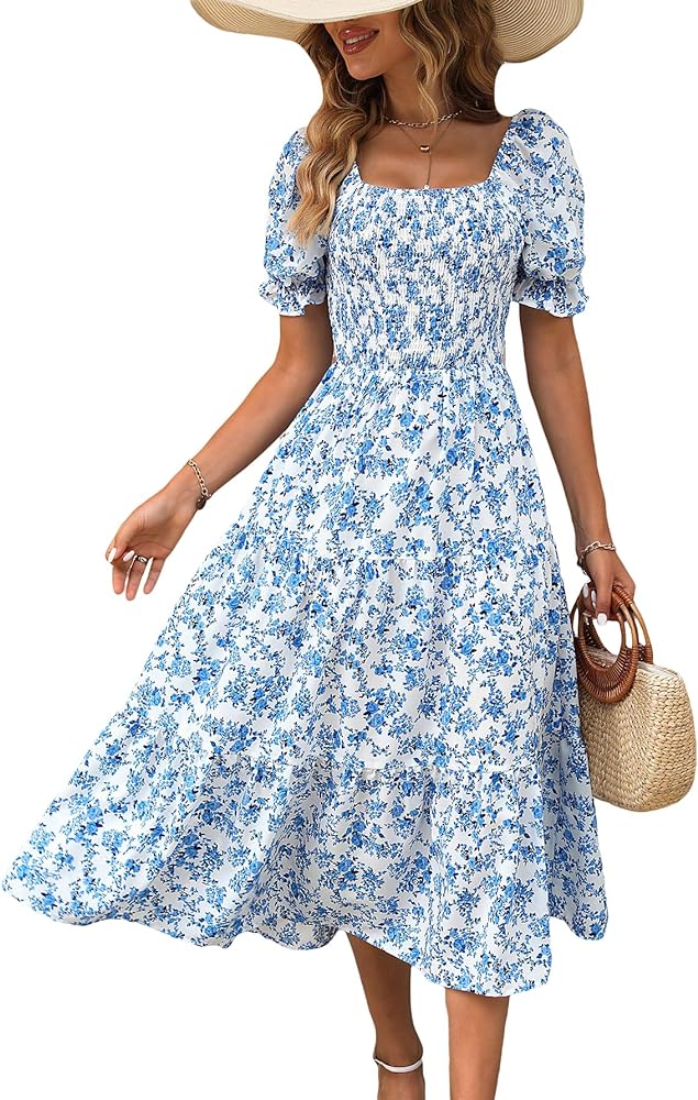 MakeMeChic Women's Allover Floral Print Puff Short Sleeve Midi Summer Dress Ruffle Square Neck High Waist A Line Dress