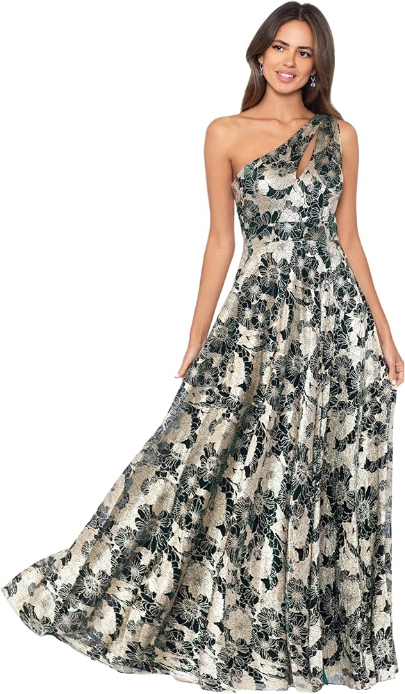 Betsy & Adam Women's Long Sleeveless One Shoulder Metallic Print Gown