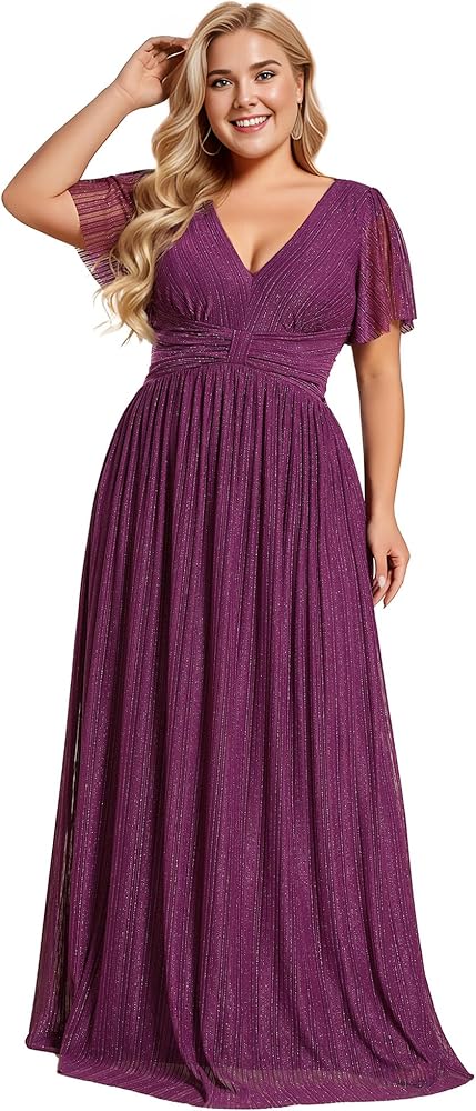 Ever-Pretty Women's A Line V Neck Short Sleeves Pleated Plus Size Maxi Evening Dresses 11961-DA