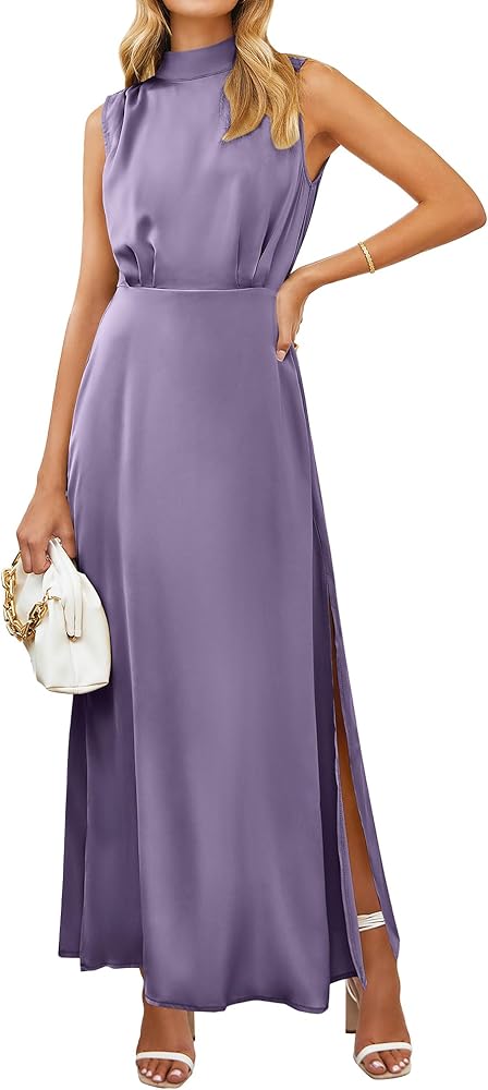 BTFBM Women Sleeveless Mock Neck Cocktail Dresses Keyhole Elastic Waist Party Wedding Guest Satin High Split Maxi Dress