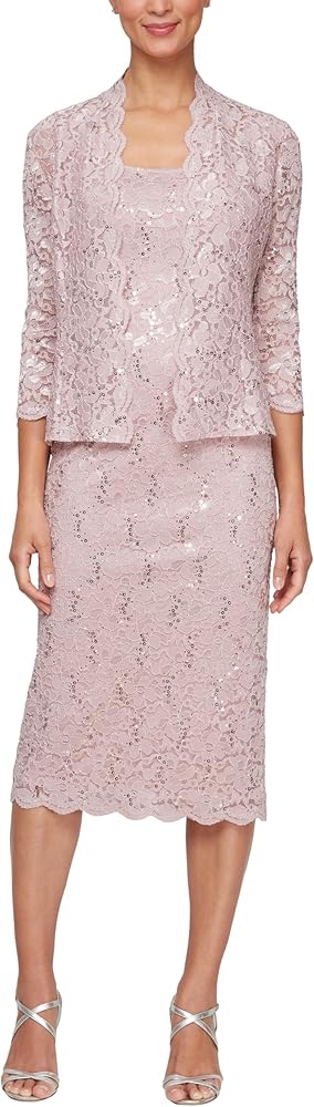 S.L. Fashions Women's Tea Length Sequin Lace Special Occasion Dress with Illusion Sleeve Jacket (Petite and Regular Sizes)