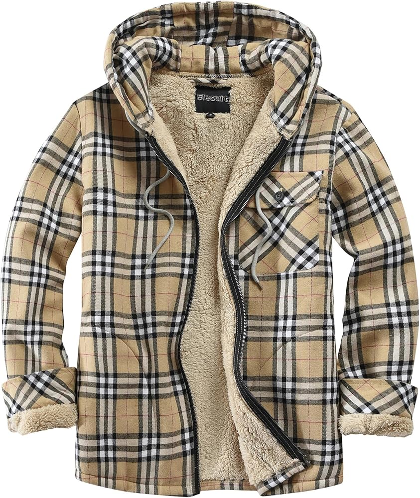 Men's Full Zip Fleece Flannel Jackets Shirt Plaid Cotton Hoodies Soft Warm Coat for Men with Hood