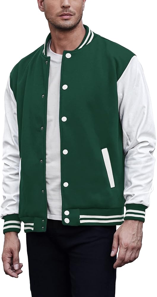 COOFANDY Mens Fashion Varsity Jackets Leather Sleeve Slim Fit College Baseball Letterman Bomber Coat