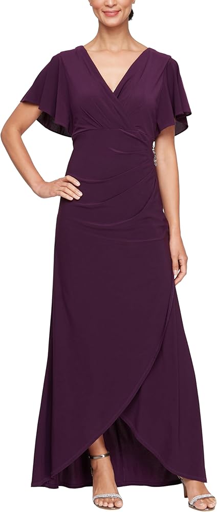 S.L. Fashions Women's Plus Size Long Length Hi-Low Gown with Flutter Sleeves, Faux Wrap Wedding Guest Dress