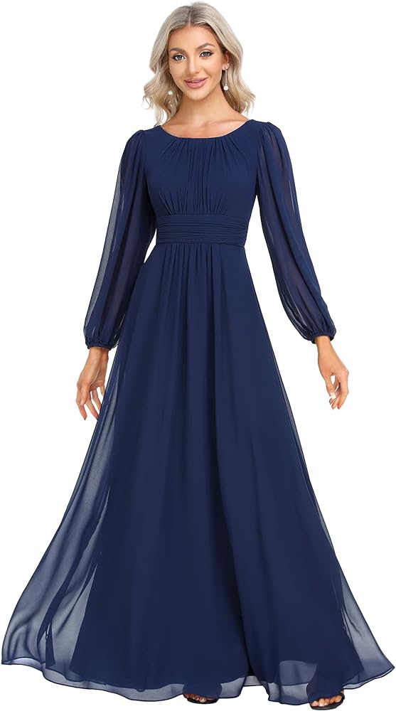 Ever-Pretty Women's Crewneck Lantern Sleeves A-Line Pleated Chiffon Maxi Formal Dress 0106B