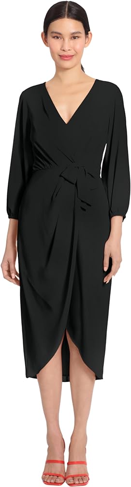 Maggy London Women's Long Sleeve V-neck Faux Wrap Crepe Dress Event Party Occasion Guest of