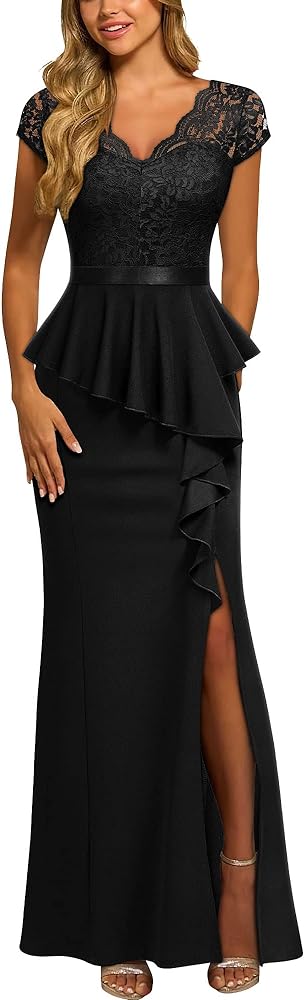 MISSMAY Women's Elegant Floral Lace Ruffle Split Cocktail Party Long Dress