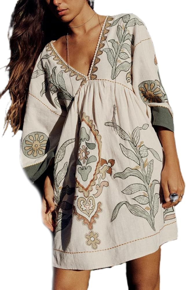 Womens Sundress Summer V Neck Short Tshirt Dress Y2k Floral Print Babydoll Sun Dresses Flowy Boho A Line Mini Dress