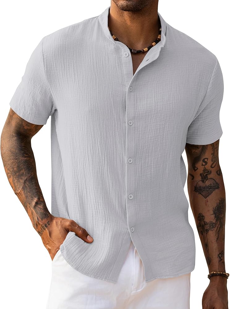 URRU Men's Short Sleeve Casual Henley Button Up Cotton Shirt Summer Beach Hawaiian Vacation Shirts