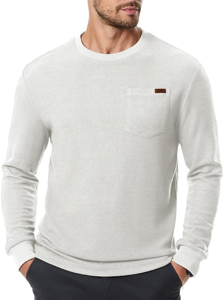 Men's Long Sleeve Shirt Casual Crewneck Lightweight Sweater Honeycomb Waffle Solid Knitted T Shirts with Pocket