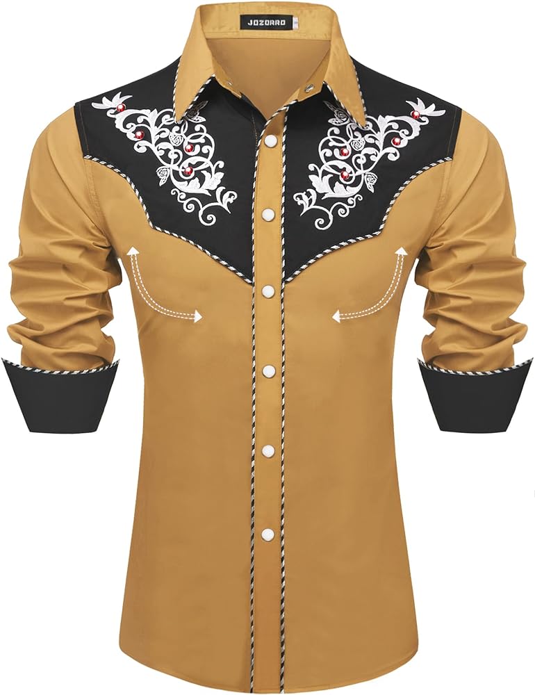 Men's Long Sleeve Pearl Snap Shirt Rhinestone Cowboy Cut Western Embroidered Casual Button Down Shirt