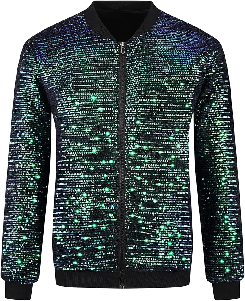 Lars Amadeus Sequin Jacket for Men's Zipper Long Sleeves Party Disco Shiny Bomber Jacket