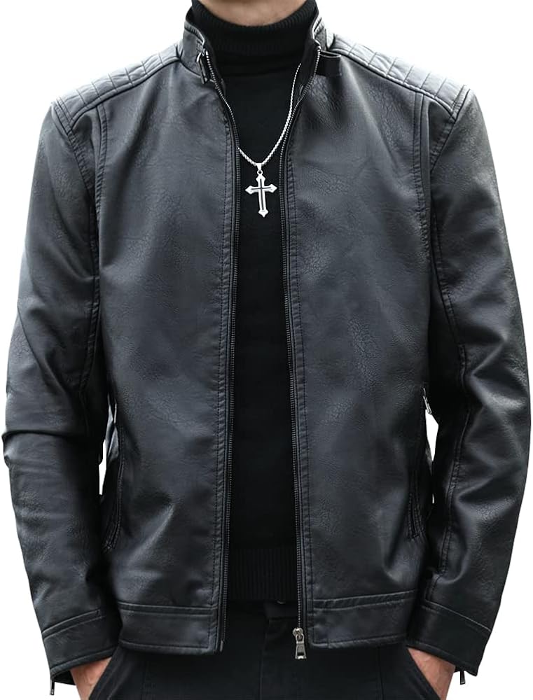 Mens Casual Stand Collar Faux Leather Jacket Biker Motorcycle Jackets