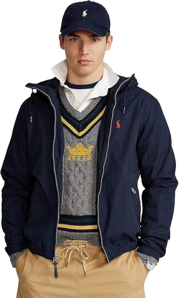 Ralph Lauren Polo Men's AVIATOR Canvas Hooded Jacket, Navy Blue, Medium