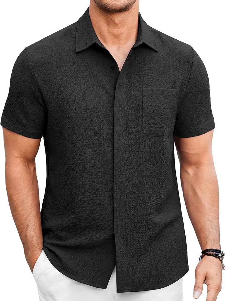 COOFANDY Men's Casual Shirt Short Sleeve Button Down Summer Beach Textured Shirt