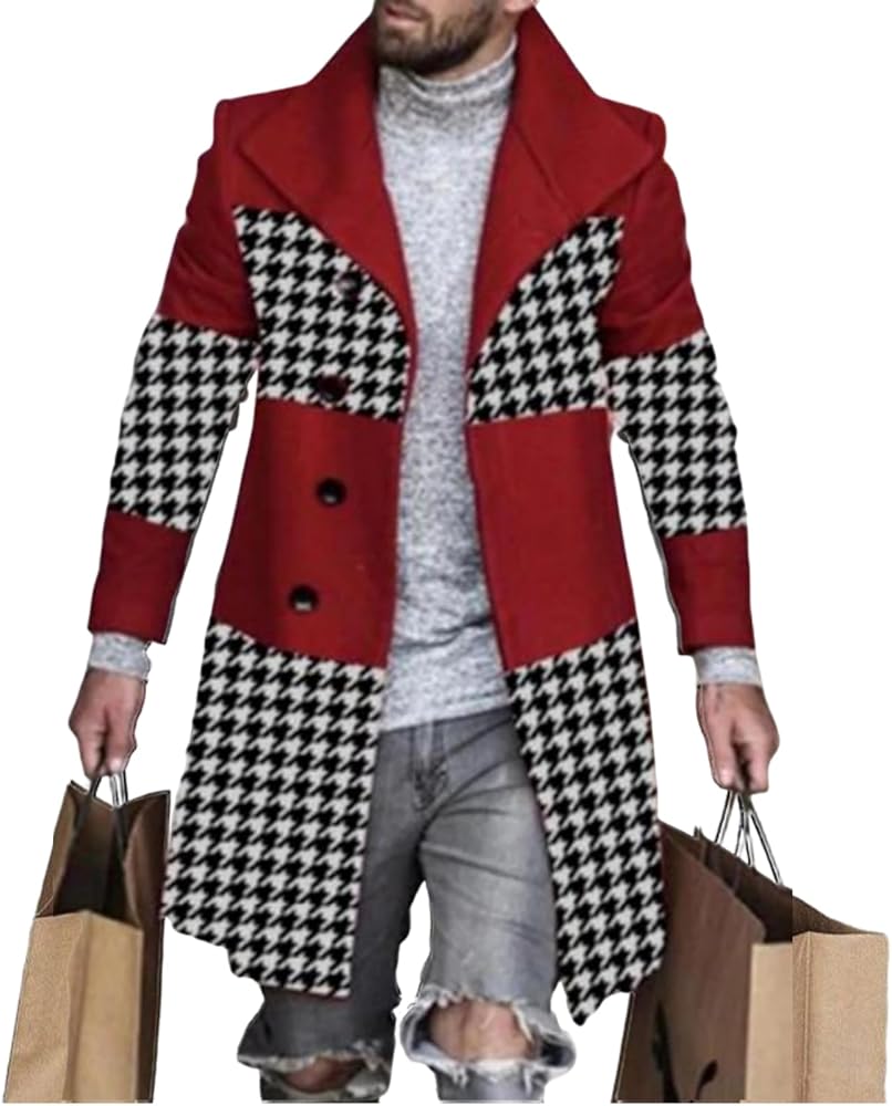 Plaid Trench Coat for Mens Lapel Single Breasted Slim Jacket Overcoat Vintage Graphic Wool Blend Formal Pea Coats