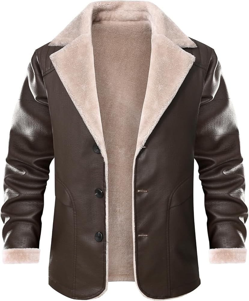 Men's Faux Leather Sherpa Lined Jacket - Trucker Jackets Cotton Turn-Down Collar Warm Winter Casual Coats