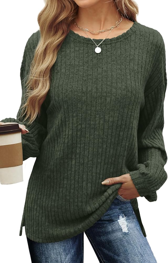 WIHOLL Long Sleeve Shirts for Women Loose Fit Casual CrewNeck Tunic Tops Fall Fashion Pullover Sweaters Side Split