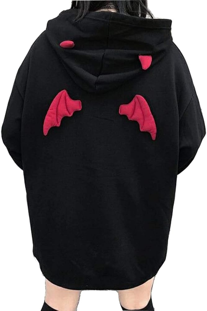 Womens Devil Wing Hoodie Long Sleeve Red Horn Sweatshirt Cute Pullover Tops