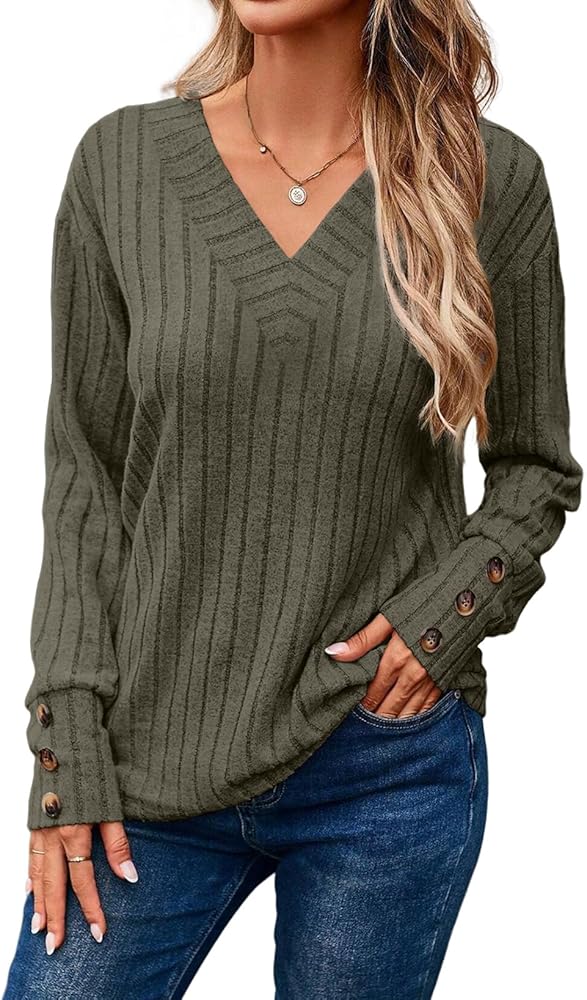 Dokotoo Womens Soft Long Sleeve V Neck Shirts Solid Casual Decorative Buttons Knitted Pullover Tunic Tops