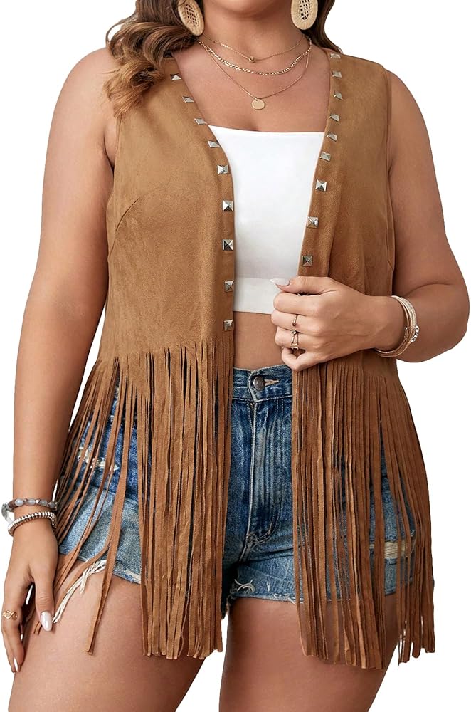 OYOANGLE Women's Plus Size Studded Fringe Trim Open Front Sleeveless Faux Suede Vest Jacket