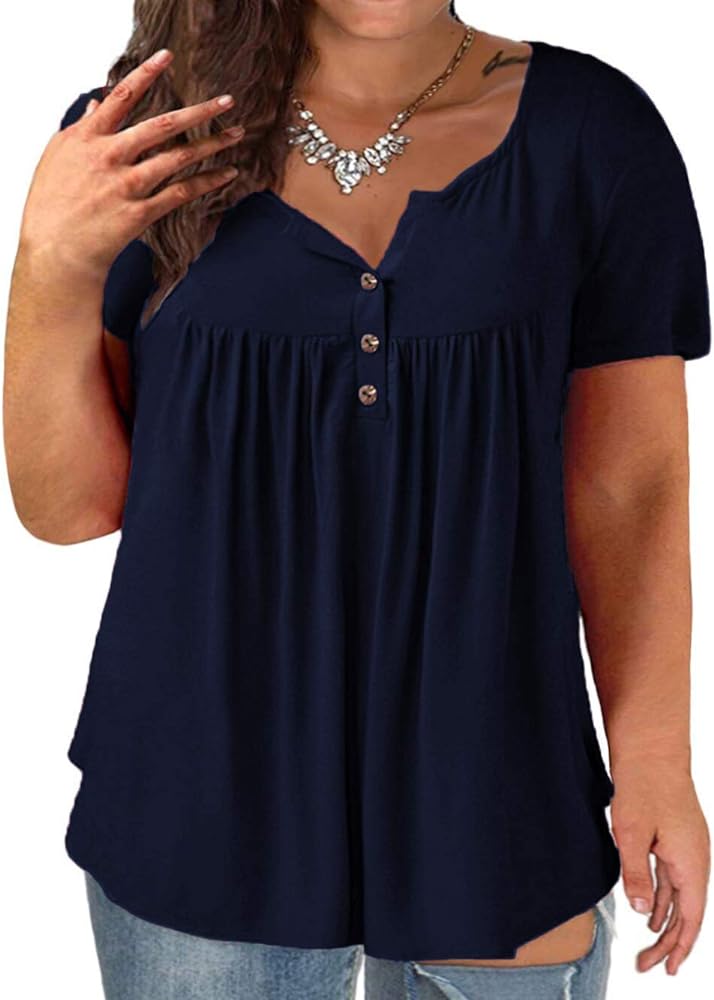 VISLILY Women's Plus Size Henley Shirts Flowy Summer Tops Pleated Buttons Up Tunics