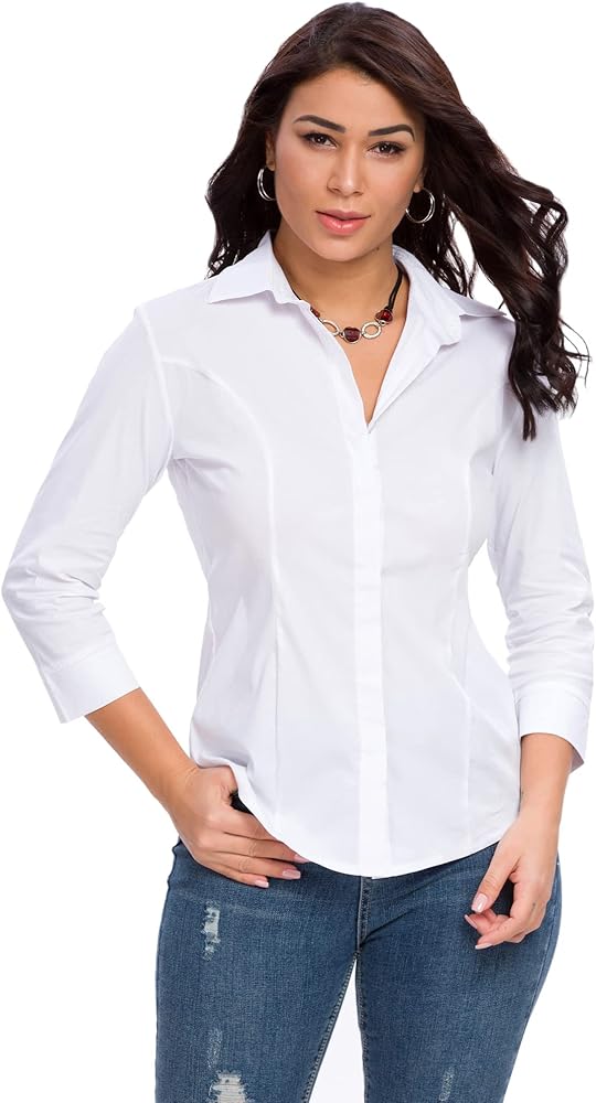 Womens Button Down Shirts Official Formal 3/4 Sleeve White Stretch Blouse Summer Dress Shirt