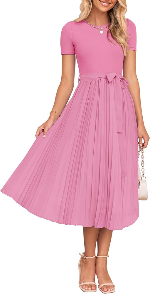 ZESICA Womens Summer Short Sleeve Midi Dresses Spring Casual Crew Neck Knit Belted Pleated A Line Flowy Wedding Guest Dress